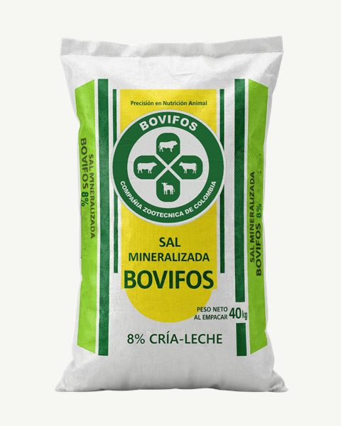 Bulto de 40 kg de sal mineralizada Bovifos 8% Cría-Leche, vista frontal