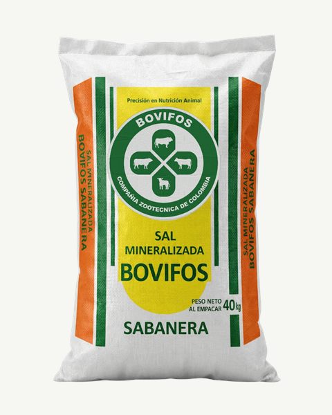 Bulto de 40 kg de sal mineralizada Bovifos Sabanera, vista frontal